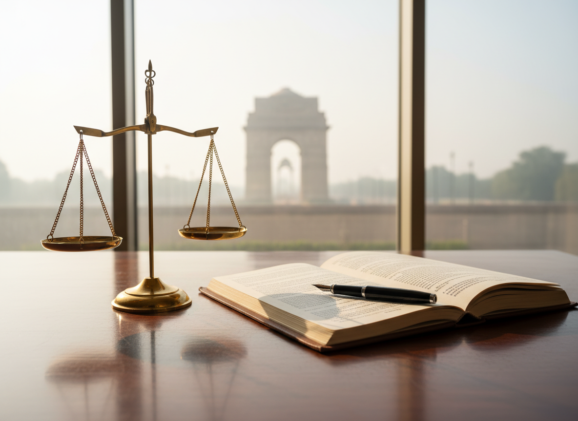 A polished wooden advocate’s desk meticulously arranged with an open leather-bound legal brief, a heavy brass scale of justice, and a sleek black fountain pen, all captured in photographic realism. The desk sits near a large floor-to-ceiling window in a modern New Delhi office, with a distant, softly blurred silhouette of India Gate visible through the glass. Soft morning daylight streams in, creating clean highlights on the brass and gentle shadows along the papers. The mood is professional and composed. Framed at eye level with a shallow depth of field, the composition places the scale and documents on the rule of thirds, emphasizing credibility and focus, suitable for the homepage of Advocate Varun Sharma’s legal services website.