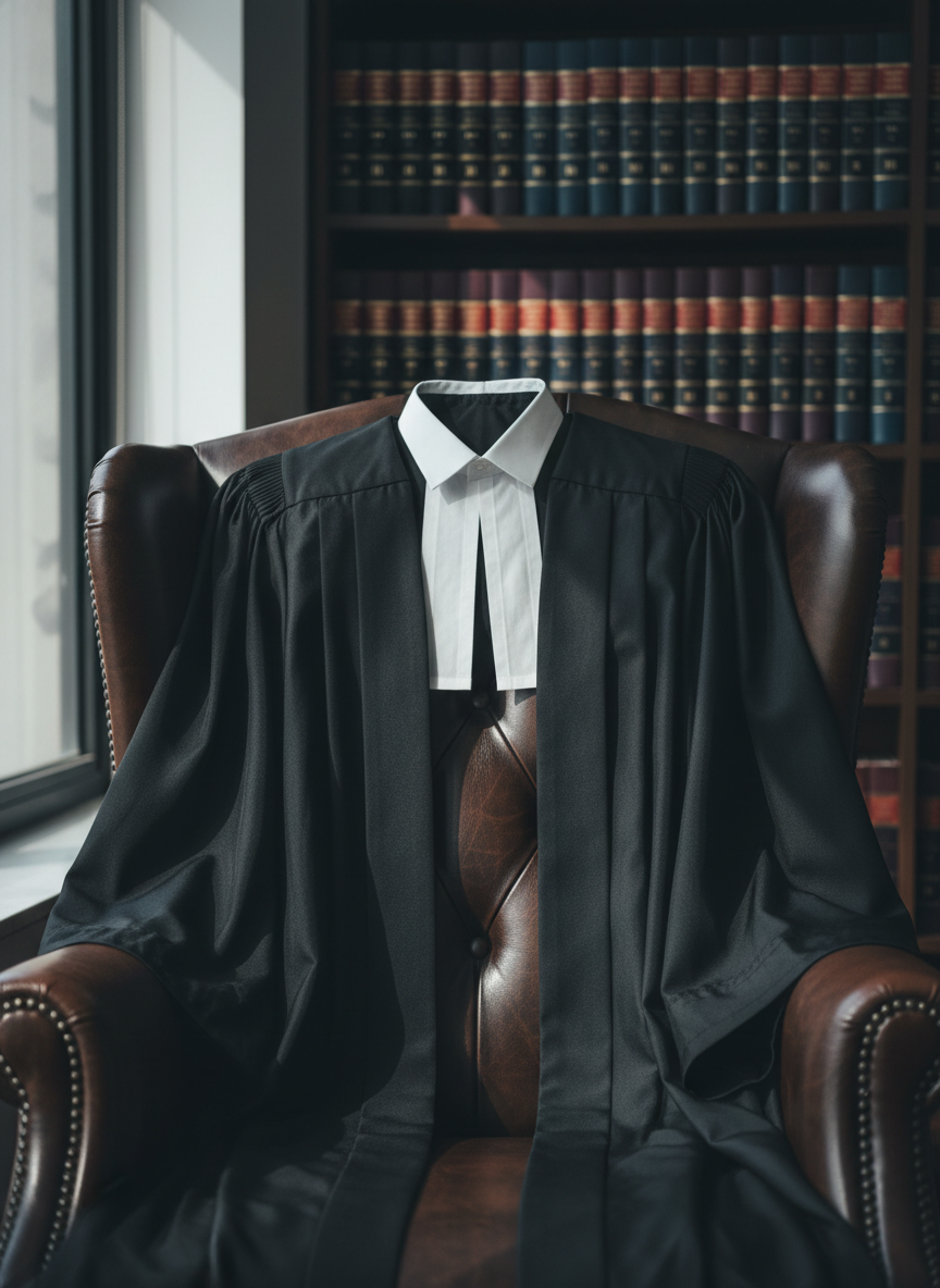A close-up, photographic realist image of a dignified black advocate’s gown and starched white neck bands carefully arranged on the back of a high-backed leather chair in a refined New Delhi office. Behind, a wall of neatly organized law reports with burgundy and navy spines forms a softly blurred backdrop. Cool natural daylight from a side window falls across the fabric, revealing fine textures and crisp folds, while creating subtle shadows on the bookshelf. Shot at eye level with a shallow depth of field, the composition centers the gown as a symbol of legal authority and ethics, conveying seriousness, integrity, and professionalism for an individual advocate’s profile section.