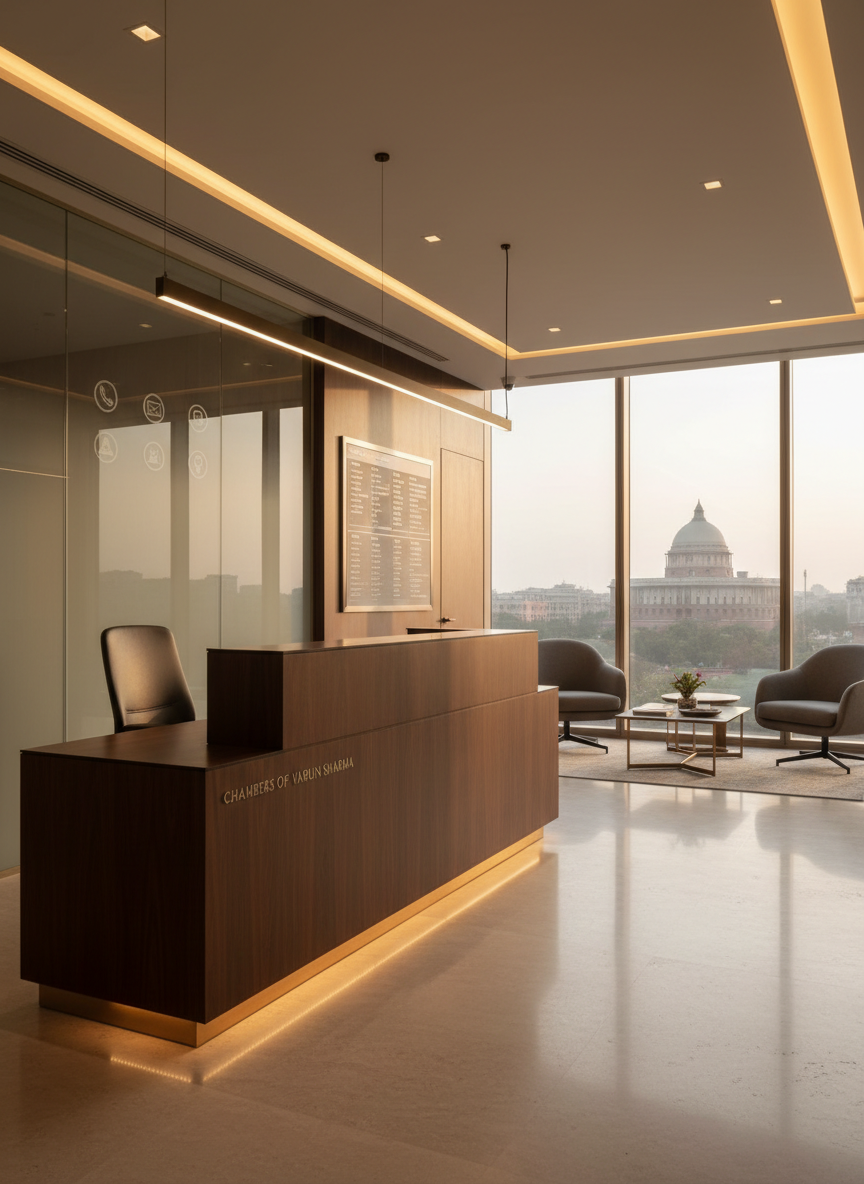 A sophisticated New Delhi law office reception area with a dark wood reception counter, a frosted glass wall subtly suggesting engraved contact icons, and a minimalist wall-mounted directory panel without readable text. Through the large windows, a softly defocused skyline hints at the Parliament House dome. Warm, diffused interior lighting combines with late-afternoon daylight, casting gentle reflections on the polished stone floor. Captured in photographic realism from a slightly elevated angle, the scene feels calm, efficient, and welcoming. Clean lines, neutral tones, and uncluttered surfaces convey professionalism and discretion, ideal as a visual representation of Chambers of Varun Sharma’s office environment on the contact or about page.