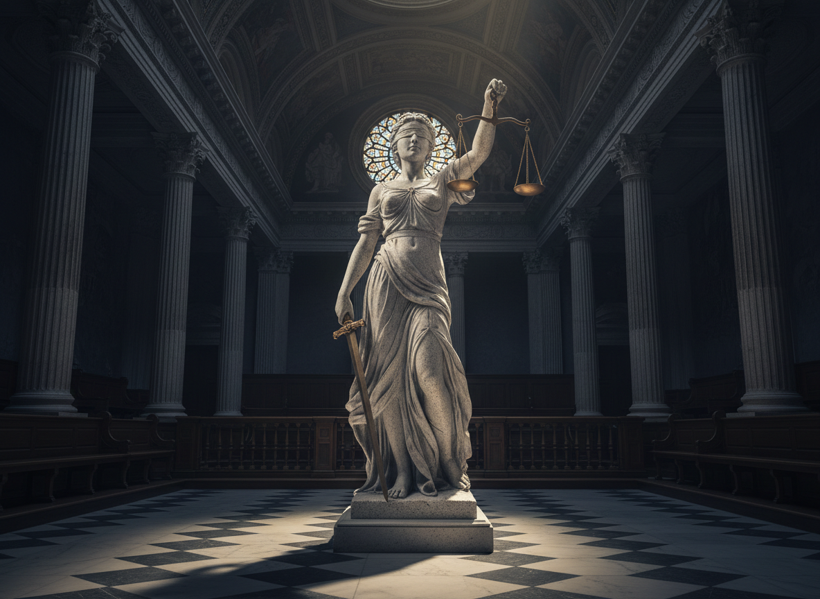 Lady Justice statue with scales and sword, dramatic cinematic lighting